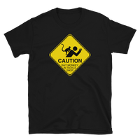 Funny fishing t shirt with caution sign bait monkey design and text.