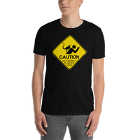 Model wearing funny fishing t shirt with caution sign bait monkey design and text.