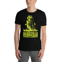 Model wearing bass fishing t shirt with movie poster largemouth bass design and text.