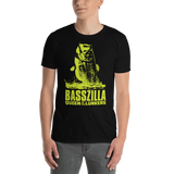 Model wearing bass fishing t shirt with movie poster largemouth bass design and text.