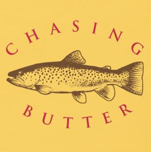 Fly fishing t shirt design with brown trout and text.
