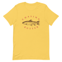 Fly fishing t shirt with brown trout design and text.