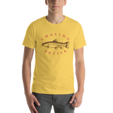 Model wearing fly fishing t shirt with brown trout design and text.