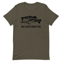 Bass fishing t shirt with largemouth bass open mouth design and text.