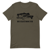 Bass fishing t shirt with largemouth bass open mouth design and text.
