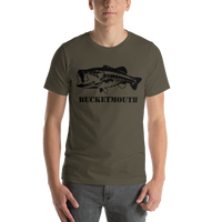 Model wearing bass fishing t shirt with largemouth bass open mouth design and text.