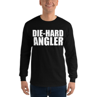 Model wearing black long sleeve fishing gear with text design that says die-hard angler.