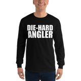 Model wearing black long sleeve fishing gear with text design that says die-hard angler.