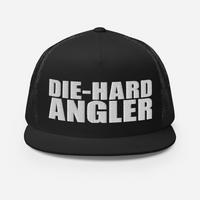 Die-hard angler black colored fishing hat with white 3D puff embroidery; front.
