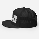 Die-hard angler black colored fishing hat with white 3D puff embroidery; profile.