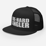 Die-hard angler black colored fishing hat with white 3D puff embroidery; side view.