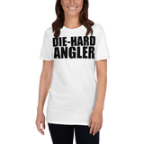 Female model wearing white tee fishing gear with text design that says die-hard angler.
