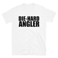 White tee fishing gear with text design that says die-hard angler.