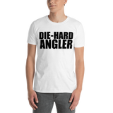 Model wearing white tee fishing gear with text design that says die-hard angler.