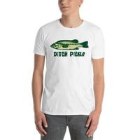 Model wearing bass fishing t shirt with funny largemouth bass design and text.