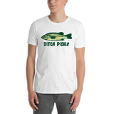 Model wearing bass fishing t shirt with funny largemouth bass design and text.