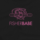 Women's fishing t shirt design with baitcasting reel and modern text.