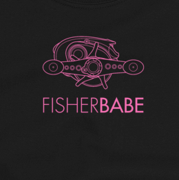Women's fishing t shirt design with baitcasting reel and modern text.