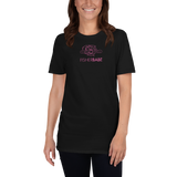 Model wearing women's fishing t shirt with baitcasting reel design and modern text.