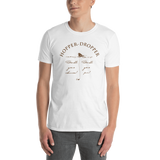 Model wearing fly fishing t shirt with fly fishing lures design and text.