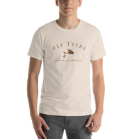 Model wearing fly fishing t shirt with fly tying design and text.
