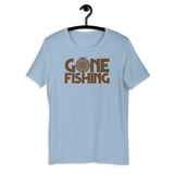 Women's fishing t shirt with fly fishing reel design and text.
