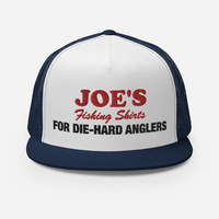 JOE'S Fishing Shirts logo and slogan navy colored embroidered fishing hat.