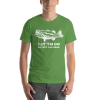 Model wearing bass fishing t shirt with trophy largemouth bass design and text.