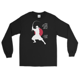 Long sleeve fishing shirt with ninja silhouette design and Japanese-styled text.