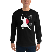 Model wearing long sleeve fishing shirt with ninja silhouette design and Japanese-styled text.