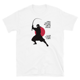 Funny fishing t shirt with ninja silhouette design and Japanese-styled text.