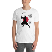 Model wearing funny fishing t shirt with ninja silhouette design and Japanese-styled text.