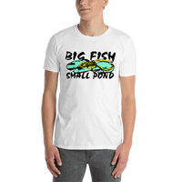 Model wearing bass fishing t shirt with frog fishing lure design and text.