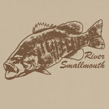 Long sleeve fishing shirt design with river smallmouth bass and text.