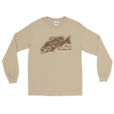 Long sleeve fishing shirt with river smallmouth bass design and text.