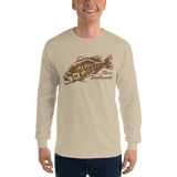 Model wearing long sleeve fishing shirt with river smallmouth bass design and text.