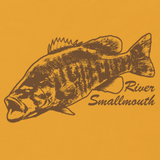 Bass fishing t shirt design with river smallmouth bass and text.
