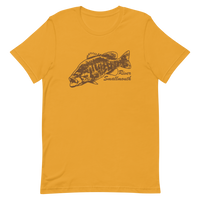 Bass fishing t shirt with river smallmouth bass design and text.