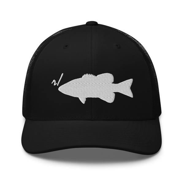 r/RiverSmallmouth reddit black colored fishing hat with white embroidered fish logo; front.