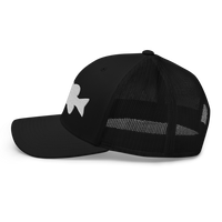 r/RiverSmallmouth reddit black colored fishing hat with white embroidered fish logo; profile.