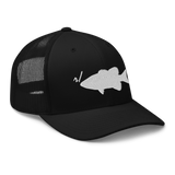 r/RiverSmallmouth reddit black colored fishing hat with white embroidered fish logo; side view.
