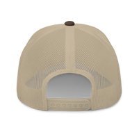 r/RiverSmallmouth reddit brown and khaki colored fishing hat with gold embroidered fish logo; rear.