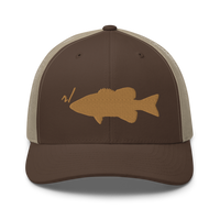 r/RiverSmallmouth reddit brown and khaki colored fishing hat with gold embroidered fish logo; front.