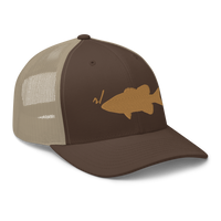 r/RiverSmallmouth reddit brown and khaki colored fishing hat with gold embroidered fish logo; side view.