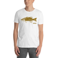Model wearing bass fishing t shirt with reddit r/RiverSmallmouth logo design.
