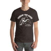 Model wearing bass fishing t shirt with smallmouth bass jumping design and text.