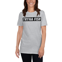 Model wearing women's fishing t shirt with urban-styled text design.