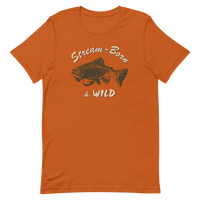 Fly fishing t shirt with brook trout design and text.