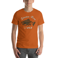 Model wearing fly fishing t shirt with brook trout design and text.