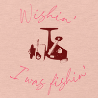 Women's fishing t shirt design with spinning reel and cute text.
